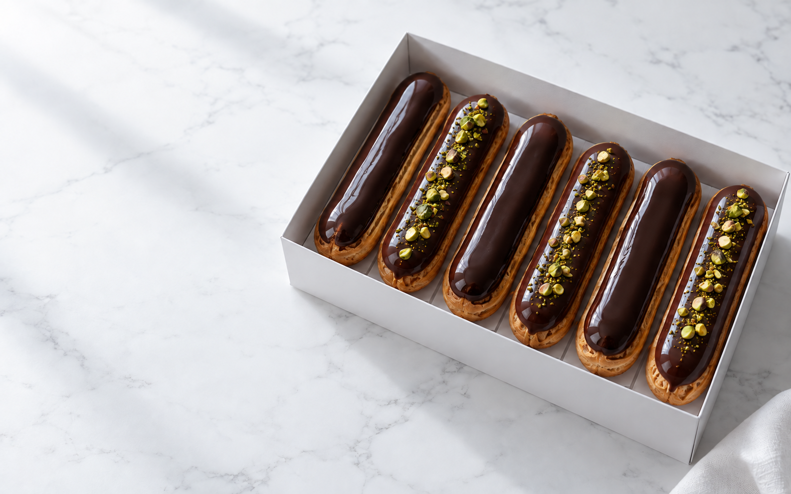 Box of dark chocolate glazed vanilla and pistachio éclairs